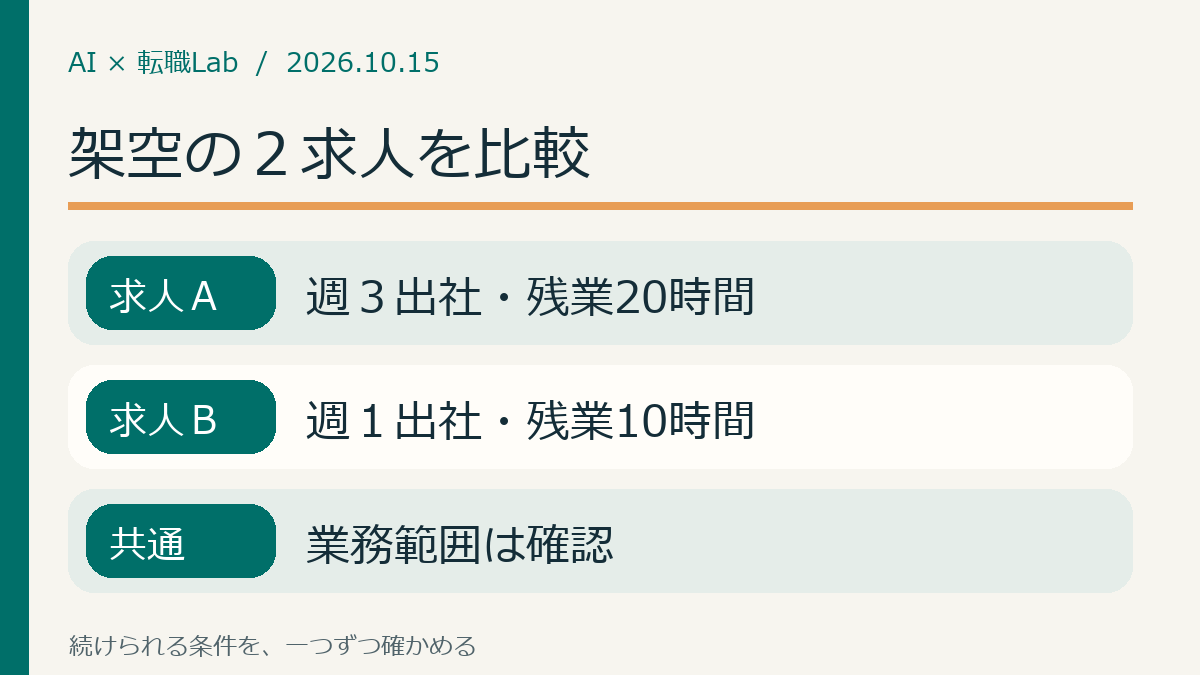 架空の２求人を比較：求人Ａは週３出社・残業20時間、求人Ｂは週１出社・残業10時間、共通は業務範囲は確認